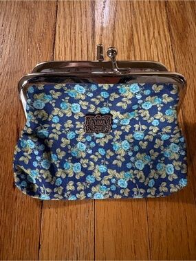 Anna Sui Navy Floral Kiss-Lock Coin Purse with Light Blue Roses and Gold Leaves